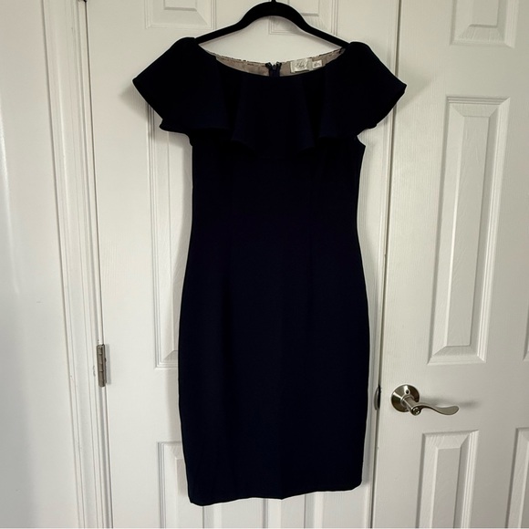 Eliza J Navy Off-Shoulder Ruffle-sleeve Sheath Knee Length Dress Women's 4 EUC - Picture 3 of 12